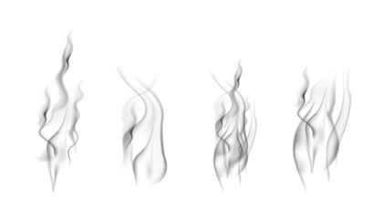 Realistic steam or smoke on hot tea, coffee, food. PNG Stock royalty free. transparent background Vector set