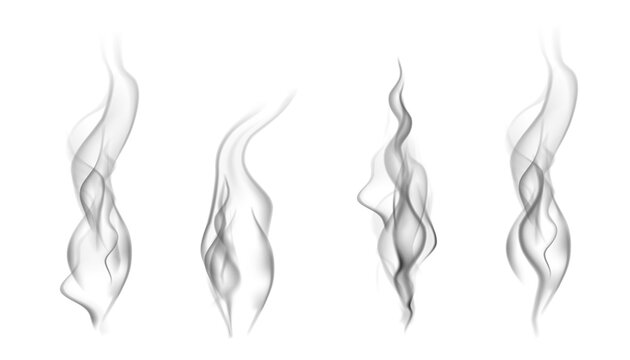 Realistic steam or smoke on hot tea, coffee, food. PNG Stock royalty free. transparent background Vector set