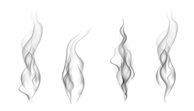 Realistic steam or smoke on hot tea, coffee, food. PNG Stock royalty free. transparent background Vector set