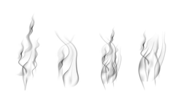 Realistic steam or smoke on hot tea, coffee, food. PNG Stock royalty free. transparent background Vector set - Powered by Adobe