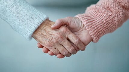 A close-up of two hands clasping each other, showcasing aged skin and soft textures, symbolizing connection and warmth.