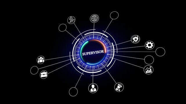 Futuristic supervisor dashboard network connections business management icons glowing digital interface concept