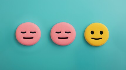 Three emoticon faces representing different states: a neutral pink, a tired pink, and a happy yellow against a teal background.