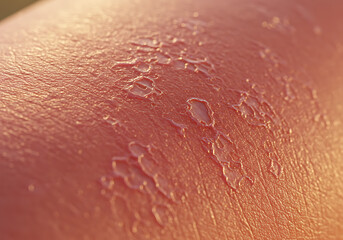 Fototapeta premium A detailed macro view of red, sunburned skin peeling after excessive sun exposure.