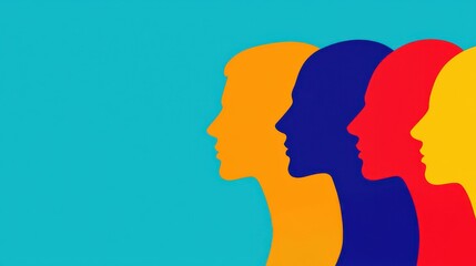 A colorful illustration of profile silhouettes in various hues against a blue background, symbolizing diversity and unity.