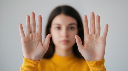 A young woman in a yellow sweater holds her hands up, conveying a message of stop or pause, with a neutral background emphasizing her expression.