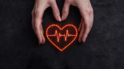 A pair of hands forms a heart shape around a glowing heartbeat graphic against a dark background, symbolizing love and health.
