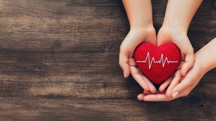Two hands hold a red heart with a heartbeat line, symbolizing love, health, and care, against a rustic wooden background.