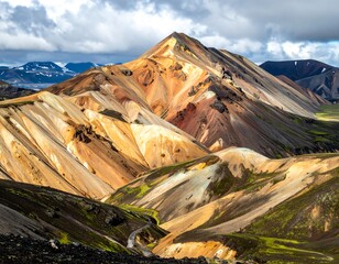 Colorful mountain range under a cloudy sky