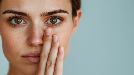 A close-up of a young woman with expressive brown eyes, gently touching her face, conveying a sense of contemplation or vulnerability.