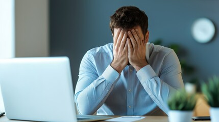 A stressed individual is holding their head in frustration while sitting at a desk with a laptop, conveying a sense of overwhelm or mental exhaustion.