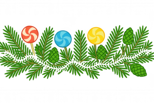 Christmas garland decoration with pine needles, green cones, and colorful swirl lollipops, transparent background