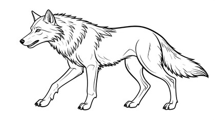 A detailed black and white line art illustration of a walking wolf. It depicts the animal's side profile with intricate fur and anatomical details