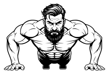 Muscular Bearded Man Doing Push Up Workout Line Art, workout, fitness, push up, muscular, gym