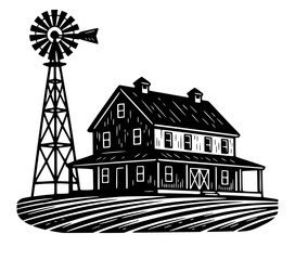 Rural Farmhouse and Classic Windmill on Rolling Hills Silhouette, farm, house, windmill, rural, silhouette