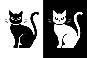 Obraz premium Black and white cat sitting and heads up icon symbol Silhouette vector style