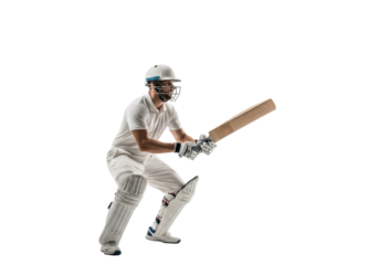 Athletic mid-20s male cricket player in white uniform and helmet, holding bat, focused on suspended red ball in a high-key studio with white background, copy space. Peak cricket performance concept
