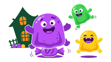 Joyful Halloween Creatures: Playful animated ghosts and whimsical haunted house create a joyful Halloween vibe with animated character design. 