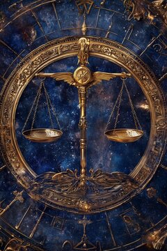 Libra zodiac sign against oroscope wheel. Astrology alendar. Esoteric horoscop and fortune telling concet.