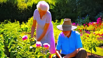 Senior couple gardening together, tending to flowers and vegetables in a lush garden on a sunny day. Retired man and woman enjoying an active hobby. Organic farming and healthy lifestyle concept. - Powered by Adobe