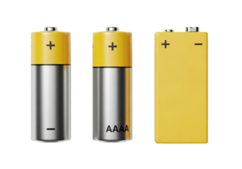 Ultra-realistic studio photo of AA, AAA, and 9V batteries with yellow tops, silver-grey bodies, and distinct terminals on a transparent background, soft shadows, Concept of essential energy sources