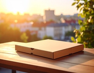 pizza box mockup on outdoor cafe table
