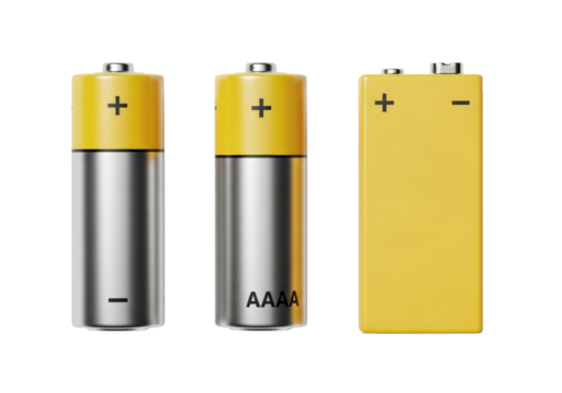 Ultra-realistic studio photo of AA, AAA, and 9V batteries with yellow tops, silver-grey bodies, and distinct terminals on a transparent background, soft shadows, Concept of essential energy sources