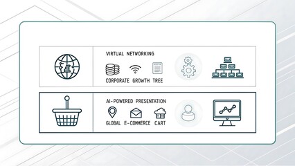 Clean Infographic of Digital Network and E-commerce Concept Featuring Icons for Corporate Growth and AI-Powered Analytics on a Light Background.      
