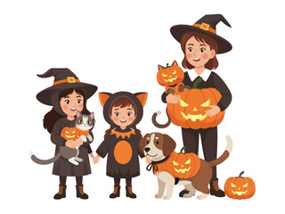 Halloween Gathering: Charming children and their pets dressed in festive Halloween costumes gather, surrounded by carved pumpkins, evoking the spirit of autumn and playful fright. 