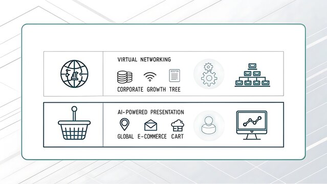 Clean Infographic of Digital Network and E-commerce Concept Featuring Icons for Corporate Growth and AI-Powered Analytics on a Light Background.