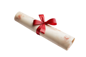 Rolled diploma certificate tied with a red ribbon isolated on transparent background. Rolled diploma tied with a red ribbon bow isolated on white background.