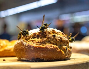 Close-up of bread with wasps
