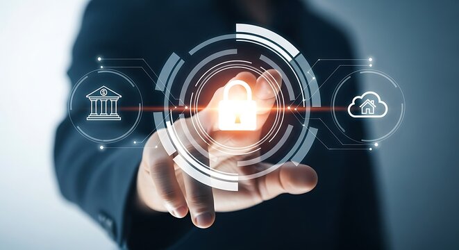 Person touching a futuristic digital interface with glowing fingerprint security and financial icons