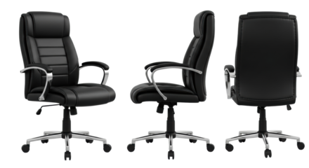 Four black executive office chairs, faux leather, chrome details, arranged on transparent background with copy space, high angle, high contrast, product showcase for modern office furniture