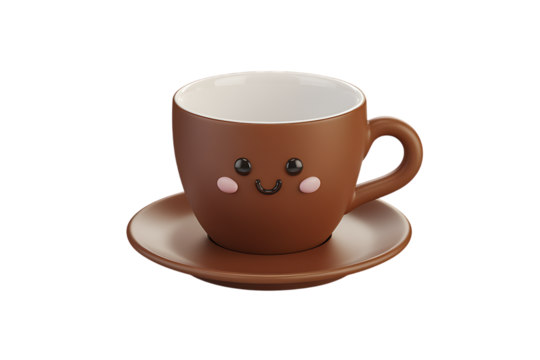 Charming Brown Coffee Cup with Adorable Face Design Resting on a Matching Saucer Creates a Delightful Moment.