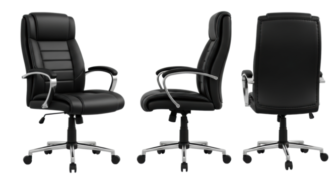 Four black executive office chairs, faux leather, chrome details, arranged on transparent background with copy space, high angle, high contrast, product showcase for modern office furniture
