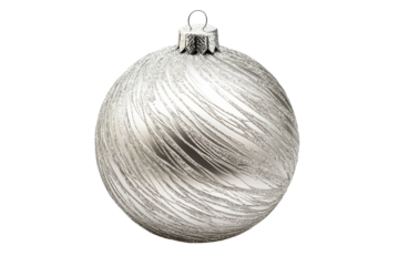 Silver spiral christmas ornament isolated on transparent background. Silver frosted christmas ornament featuring a delicate texture isolated on white background.
