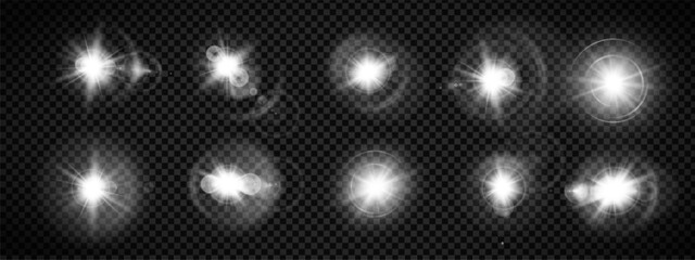 Light aura glow effect halo bursts and sunlight rays. Magic sparkles for party backgrounds. Shiny bokeh or glitter motions for space designs.