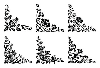 Six black floral corner ornaments isolated on white background