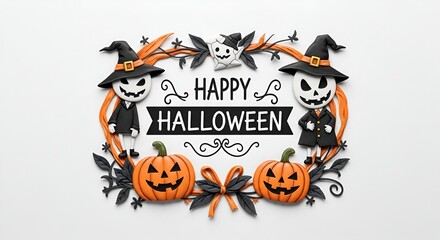 Happy halloween decoration with pumpkins, witches, and a ghost on a white background