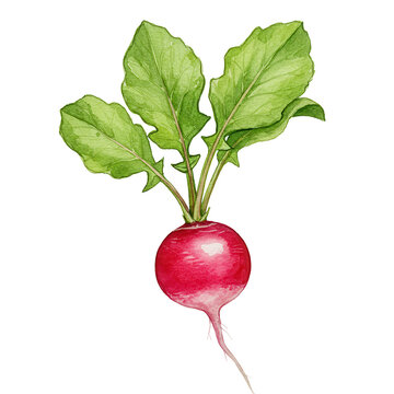 Watercolor radish with vibrant green leaves and delicate root detail isolated on white background