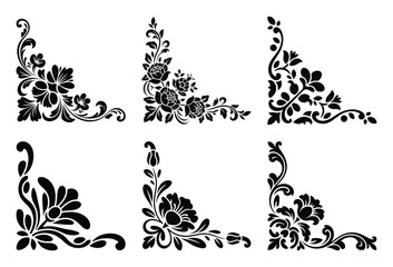 Collection of six ornate floral corner designs isolated on white background
