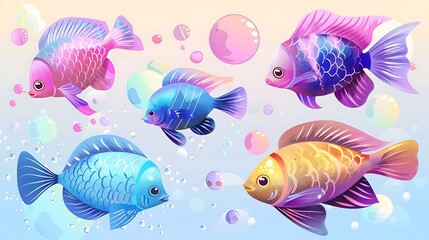 Naklejka premium Enchanting Underwater World: A whimsical journey with colorful fish and iridescent bubbles