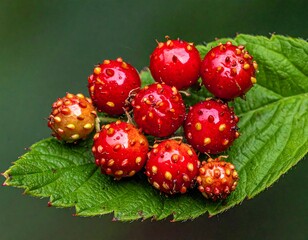 Close-up of bright red berries on green leaf