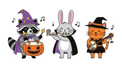 Spooky Halloween Band: A whimsical illustration of three animal musicians, each adorned in festive costumes, delight in Halloween revelry, filled with mirth and musical tunes.