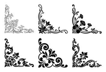 Collection of six decorative floral corner ornaments isolated on white background