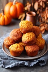 Freshly baked pumpkin muffins stacked on plate with autumn decor in background. Pumpkin Muffins for Little Bakers, cozy autumn snack