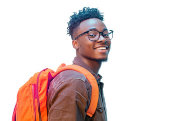 Smiling young man with glasses and backpack isolated on transparent background. Smiling young african college student with books and backpack and wearing glasses isolated on white background.