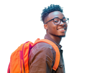 Smiling young man with glasses and backpack isolated on transparent background. Smiling young african college student with books and backpack and wearing glasses isolated on white background.