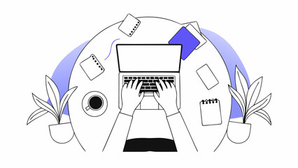 Person typing on a laptop surrounded by plants coffee and notes on a round table top view illustration on transparent background silhouette
